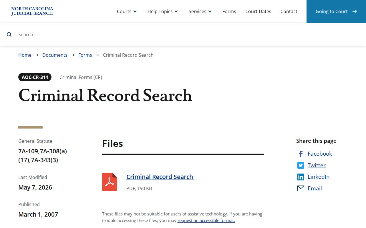 Nash County criminal docket certified record search form page