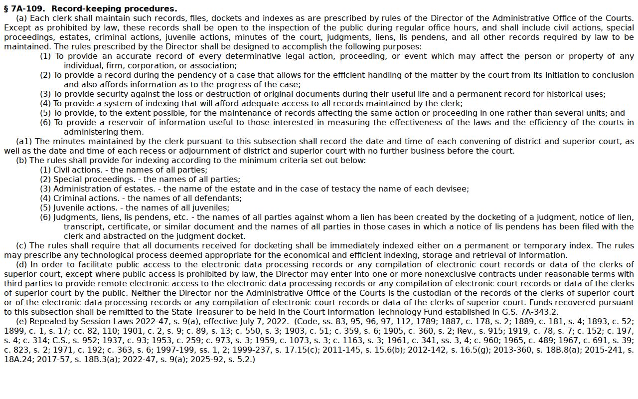 Nash County court docket public access statute reference