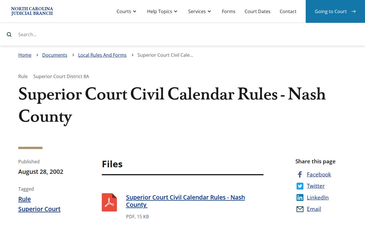 Nash County civil docket Superior Court calendar rules source
