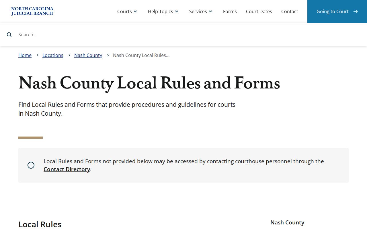 Nash County civil docket local rules and calendar materials